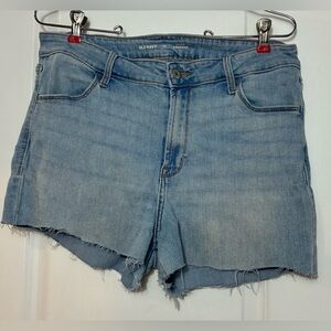 High Rise Light Blue Denim Shorts with Distressed, Fading and Fray Detail